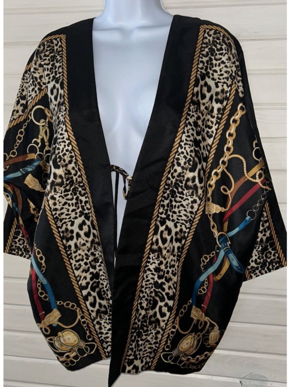 Chicos Sz S/M Equestrian Leopard Kimono Topper Tie Front 3/4 Sleeves EUC